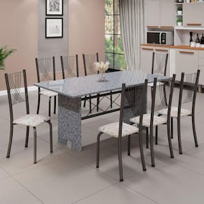 Conjunto de Mesa Tampo de Granito Ocre com 8 Cadeiras Lorena Yescasa Botanic Bege/Mart Prata