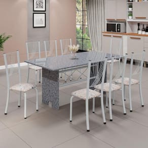 Conjunto de Mesa Tampo de Granito Ocre com 8 Cadeiras Lorena Yescasa Botanic Bege/Branco