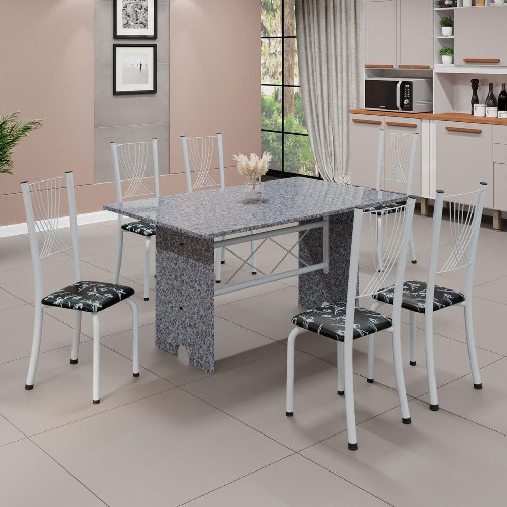 Conjunto de Mesa Tampo de Granito Ocre com 6 Cadeiras Lorena Yescasa Preto Floral/Branco