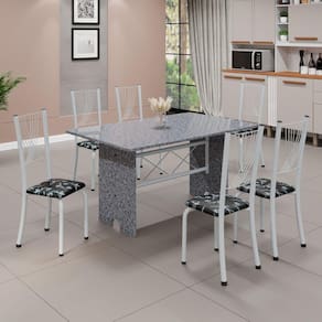 Conjunto de Mesa Tampo de Granito Ocre com 6 Cadeiras Lorena Yescasa Preto Floral/Branco