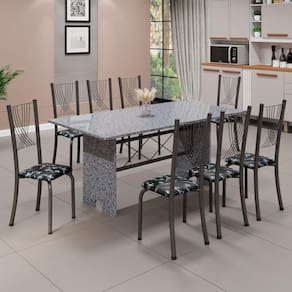 Conjunto de Mesa Tampo de Granito Ocre com 8 Cadeiras Lorena Yescasa Preto Floral/Mart Prata
