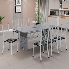Conjunto de Mesa Tampo de Granito Ocre com 8 Cadeiras Lorena Yescasa Preto Floral/Branco