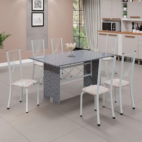 Conjunto de Mesa Tampo de Granito Ocre com 6 Cadeiras Lorena Yescasa Botanic Bege/Branco