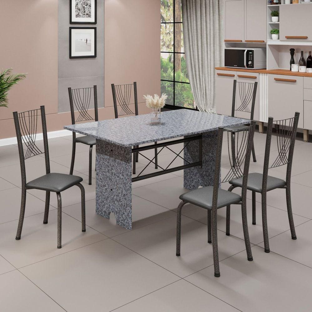 Conjunto de Mesa Tampo de Granito Ocre com 6 Cadeiras Lorena Preto Liso/Mart Prata