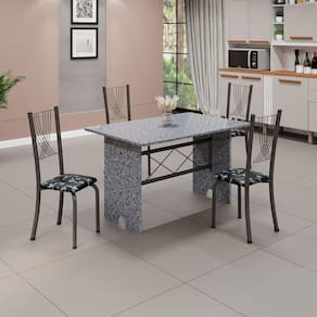 Conjunto de Mesa Tampo de Granito Ocre com 4 Cadeiras Lorena Yescasa Preto Floral/Mart Prata