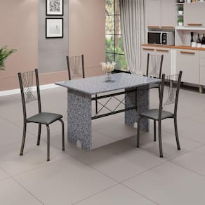 Conjunto de Mesa Tampo de Granito Ocre com 4 Cadeiras Lorena Yescasa Preto Liso/Mart Prata
