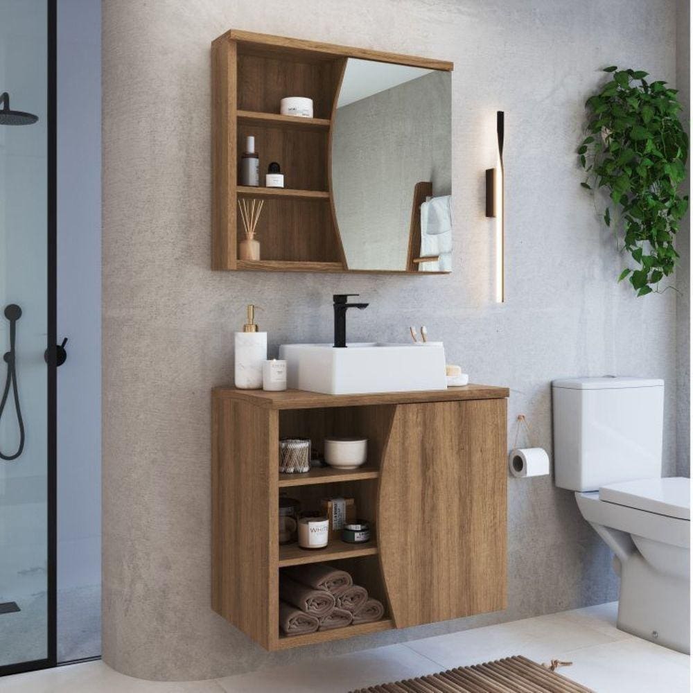 Conjunto para Banheiro Gabinete Supenso 70cm com Cuba e Espelheira 1 Porta 3 Nichos Laura Mel