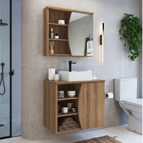 Conjunto para Banheiro Gabinete Supenso 70cm com Cuba e Espelheira 1 Porta 3 Nichos Laura Mel