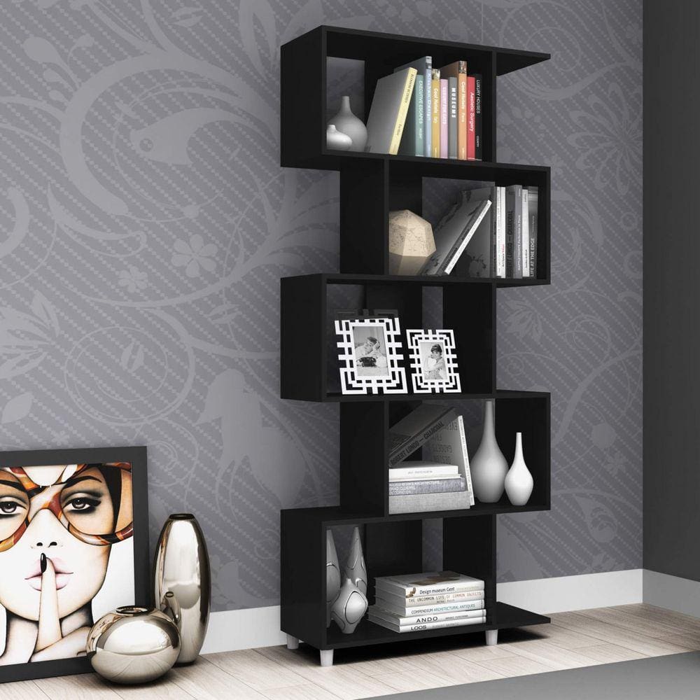 Estante para Livros com Nichos Esm209 Retrô Movelbento Preto Acetinado