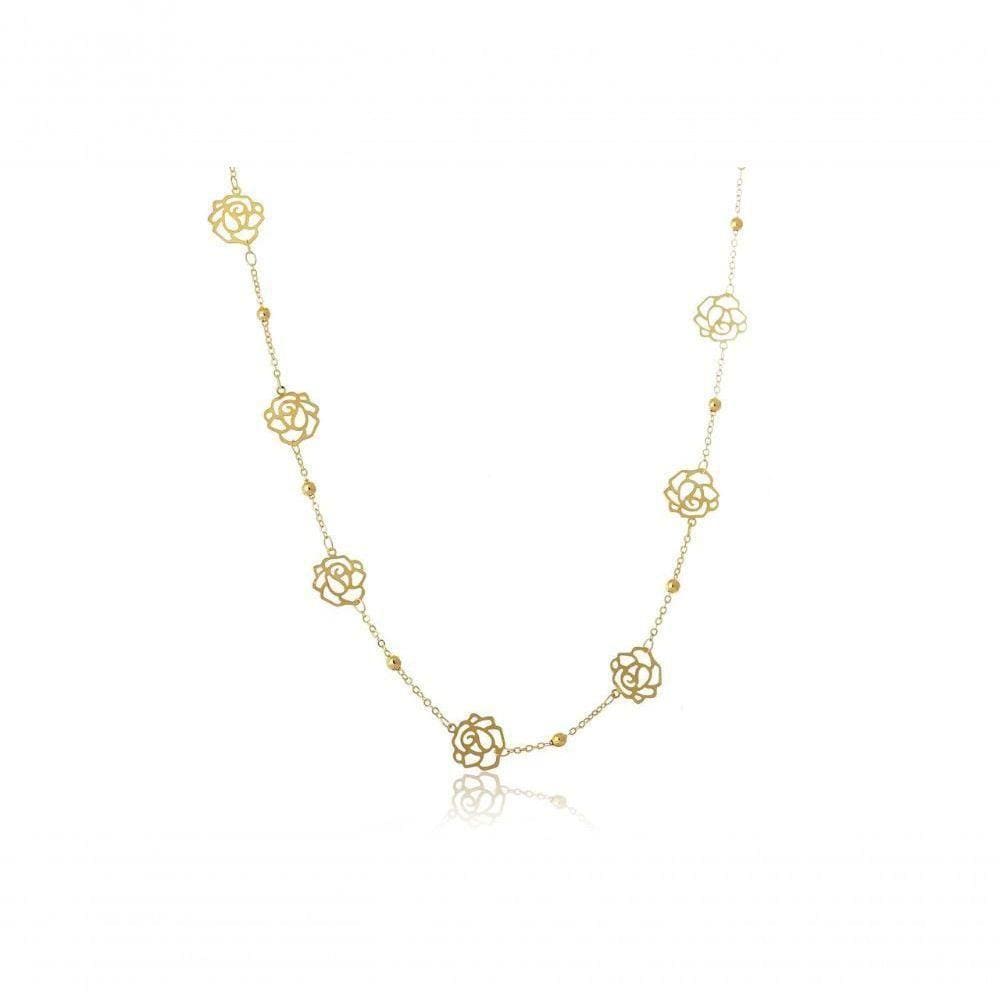 Colar Longo Com Bolinha E Flor Folheado Em Ouro 18k [f027]