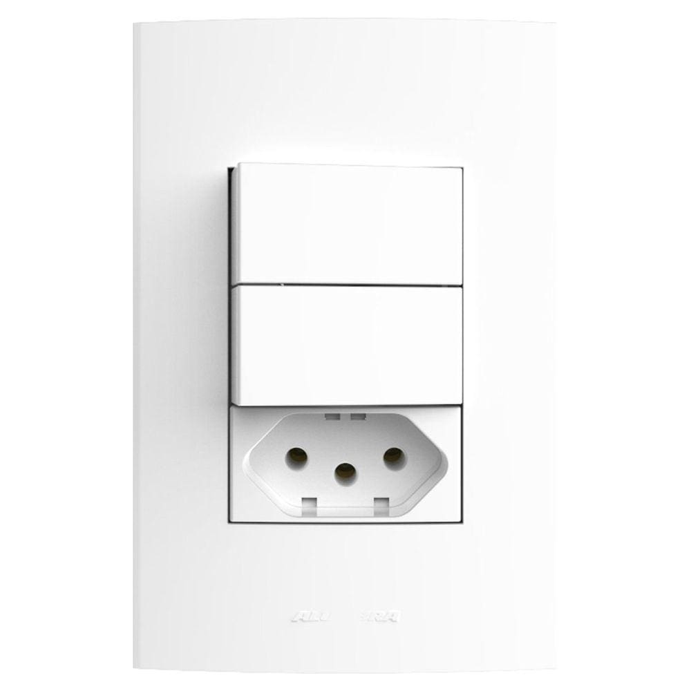 Conjunto 2 Interruptores Simples + 1 tomada 2 Pólos 10A 250V~ com placa 4x2 Inova Pro Alumbra Branco