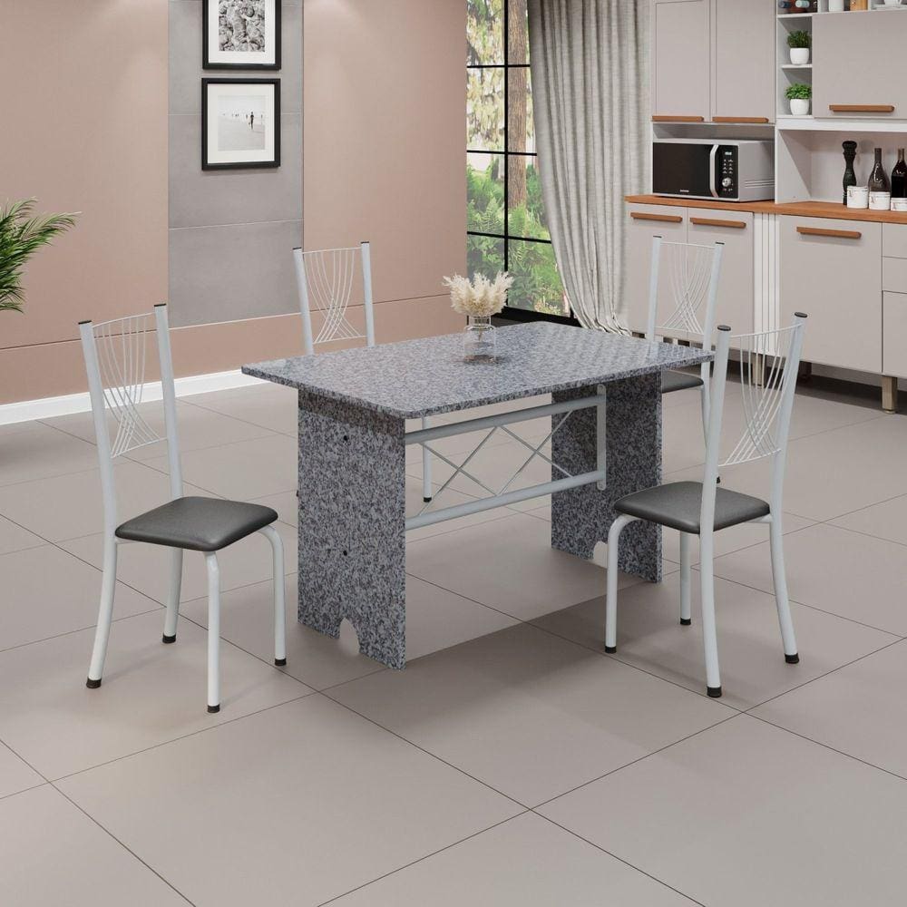 Conjunto de Mesa Tampo de Granito Ocre com 4 Cadeiras Lorena Yescasa Preto Liso/Branco