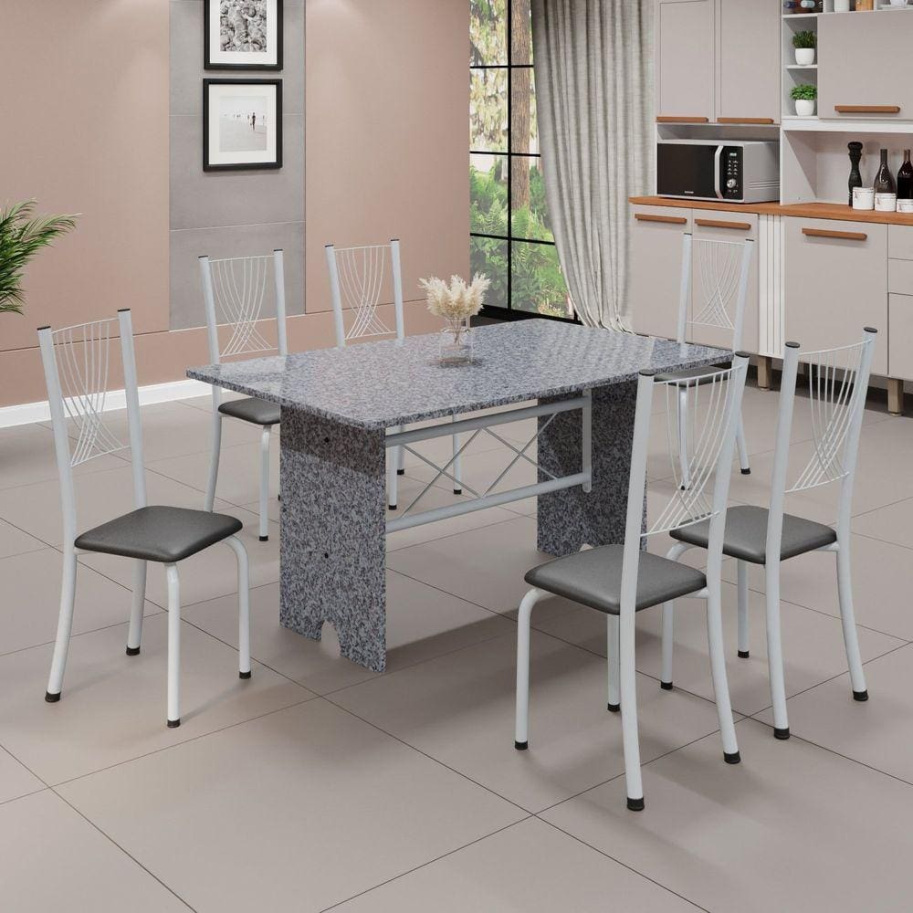 Conjunto de Mesa Tampo de Granito Ocre com 6 Cadeiras Lorena Preto Liso/Branco