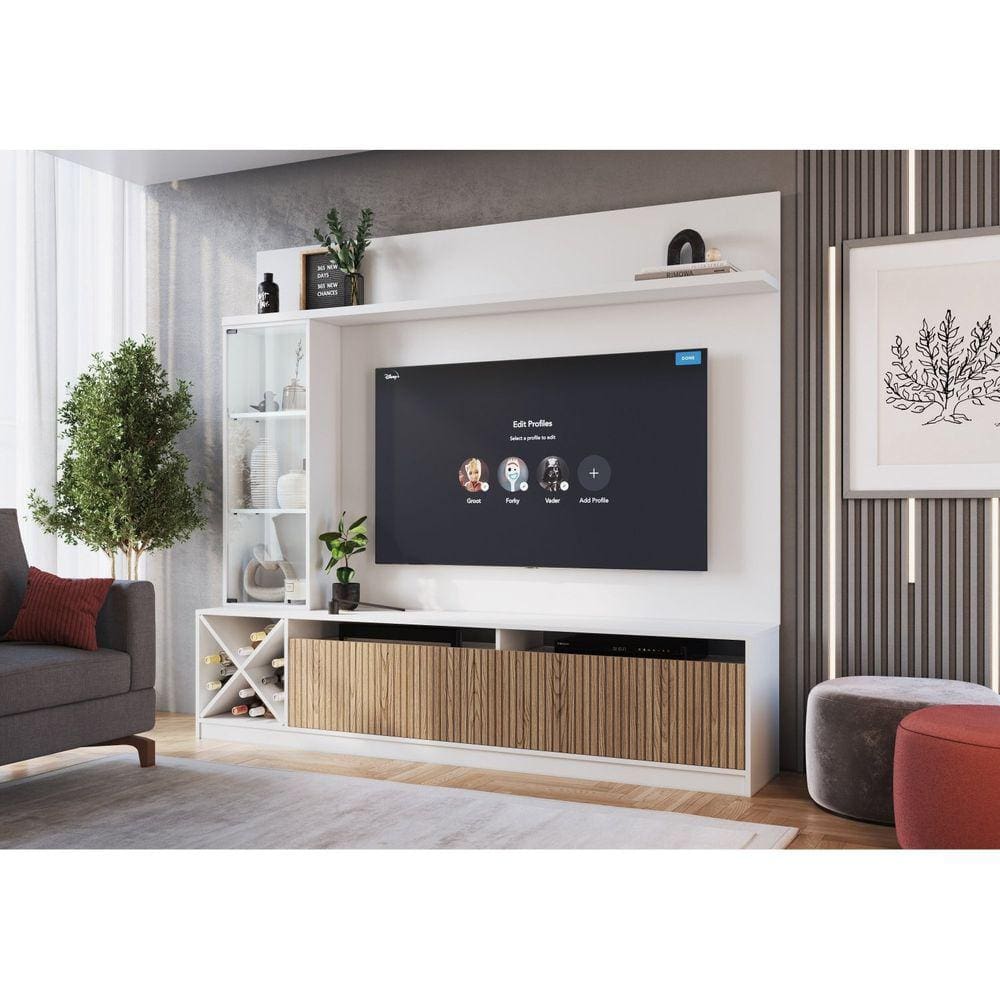 Rack com Impressão Ripada e Painel para TV até 60 Polegadas com Cristaleira e Adega Capri Quiditá Branco/Brise