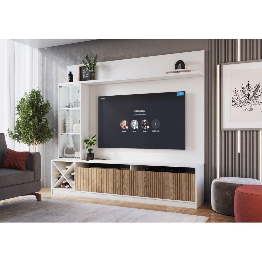 Rack com Impressão Ripado Painel para TV até 50 Polegadas Adega e Cristaleira Turim Quiditá Branco/Brise