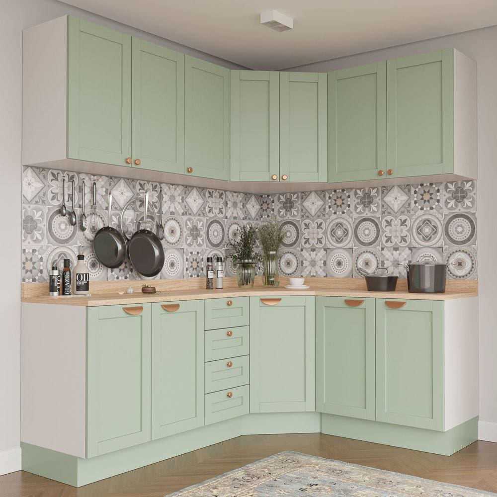Cozinha Modulada 6 Peças com Tampo 3 Aéreos e 3 Balcões Arizona CabeCasa MadeiraMadeira Branco/Menta