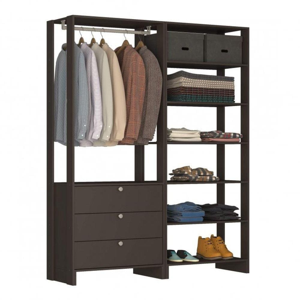 Closet Modulado 2 Peças com 1 Cabideiro 3 Gavetas e 7 Nichos Yes Nova Mobile Grafite Intenso