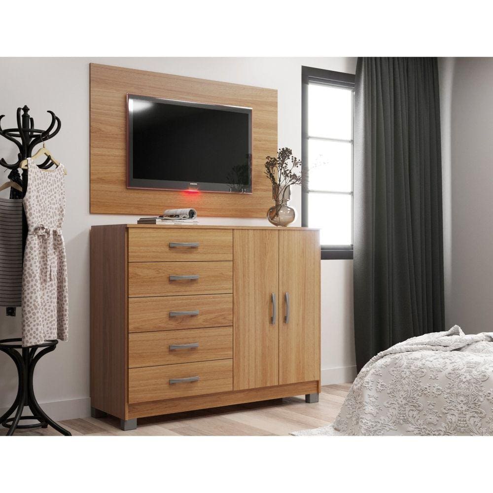 Cômoda Sapateira 2 Portas 5 Gavetas com Pés + Painel para Tv até 55 Polegadas Cinnamomo