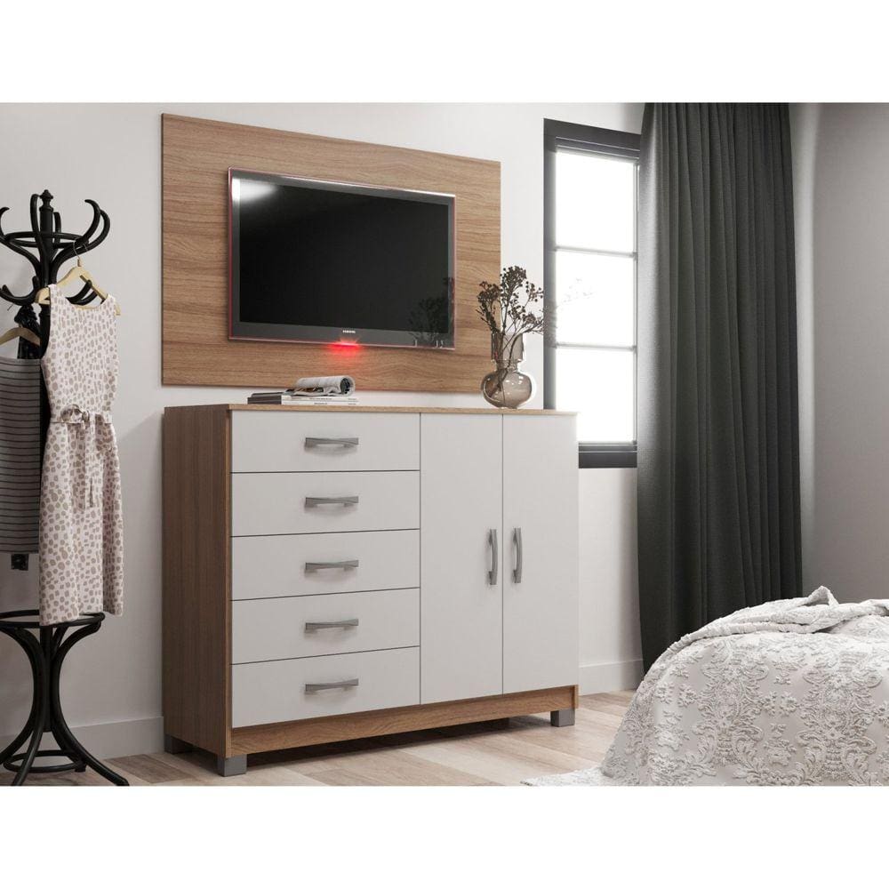 Cômoda Sapateira 2 Portas 5 Gavetas com Pés + Painel para Tv até 55 Polegadas Branco/Demolição