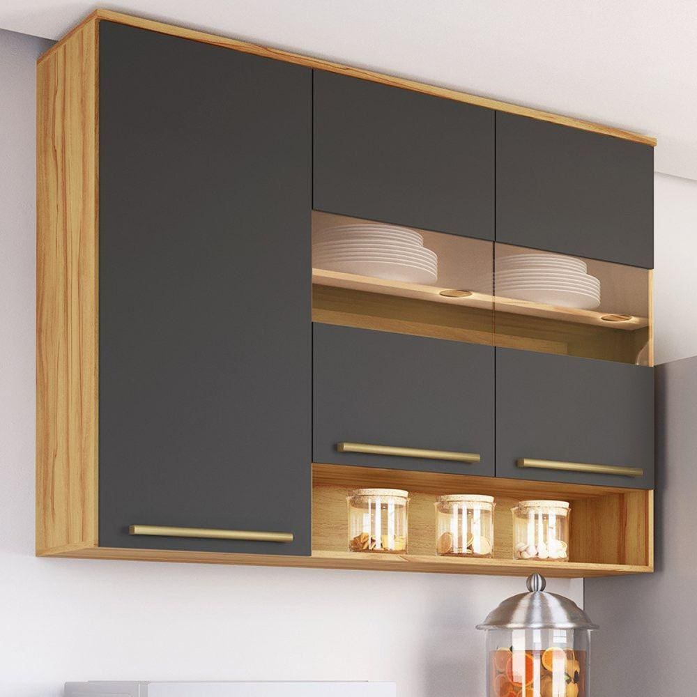 Armário Aéreo de Cozinha 120cm com 3 Portas Vidro Reflecta e Nicho 100% Mdf Itália Amêndoa/Cinza