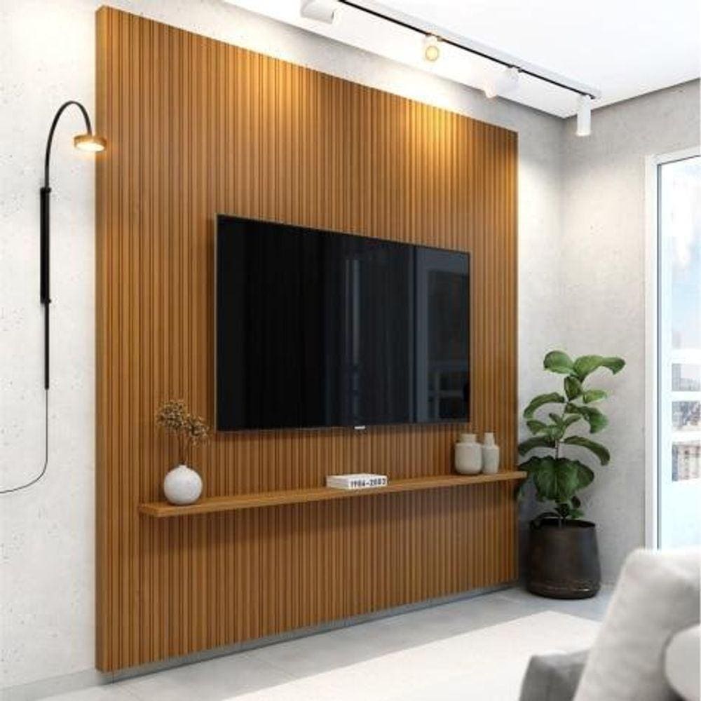 Painel Para Tv Até 75 Polegadas Ripado Impressão 3d Egeo Com Prateleira 1,80m Cedro Edn Cedro