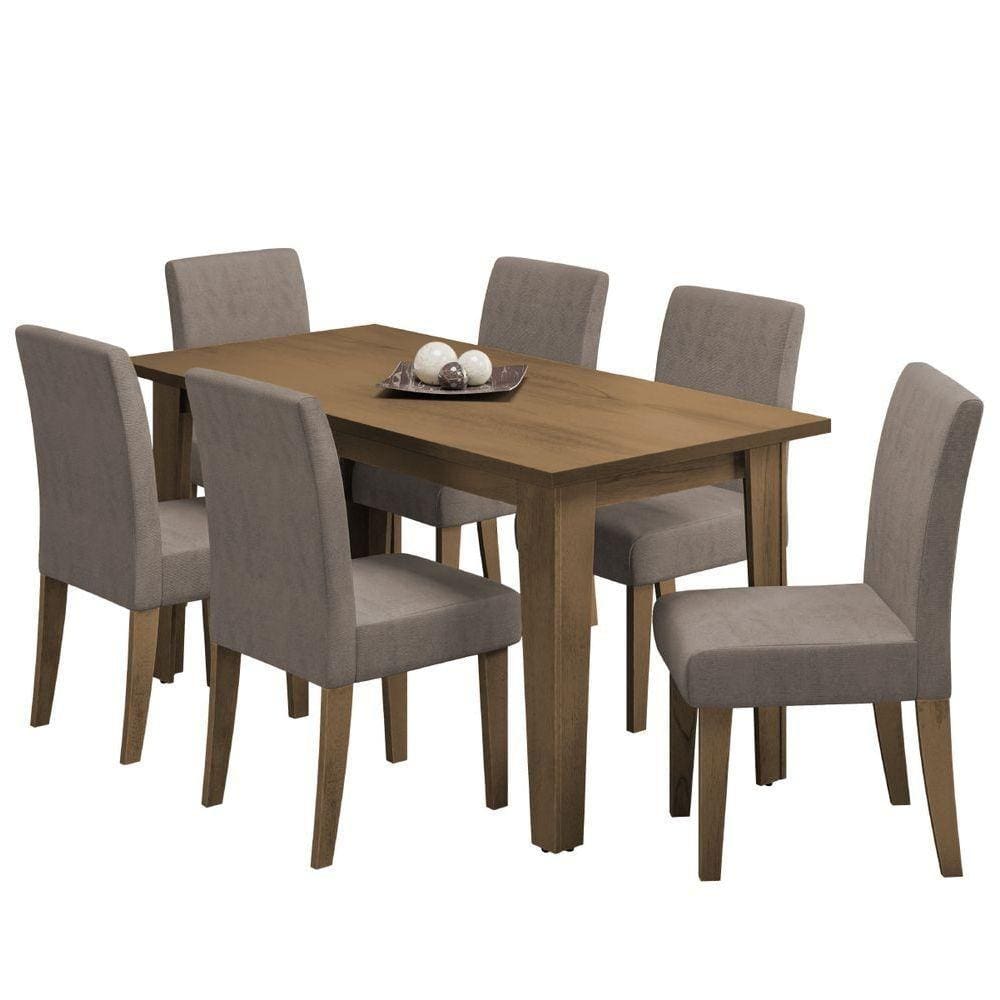 Conjunto De Mesa Sala De Jantar Miami Com 6 Cadeiras Trieste Suede 1,60m Cedro / Mascavo Dobuê Cedro