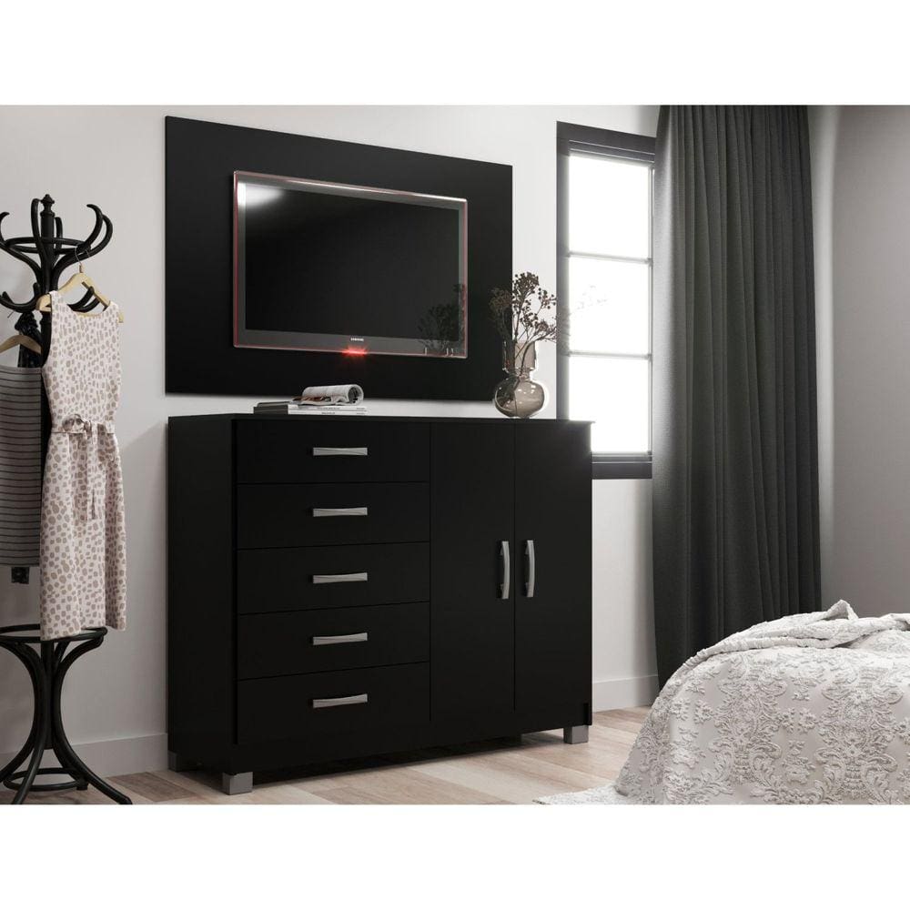 Cômoda Sapateira 2 Portas 5 Gavetas com Pés + Painel para Tv até 55 Polegadas Branco