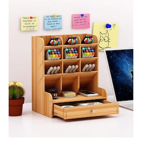 Organizador de mesa em madeira para canetas e armazenamento