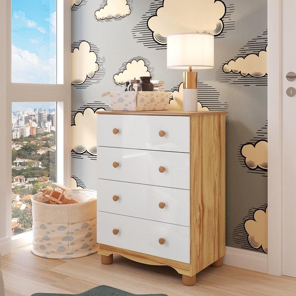 Cômoda de Bebê com 4 Gavetas 100% MDF Mimo Branco Brilho/Amêndoa