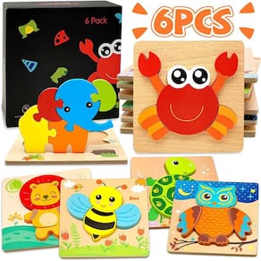 Quebra-cabeças de madeira para crianças pequenas | Brinquedo Montessori de 1 a 3 anos | Pacote com 6