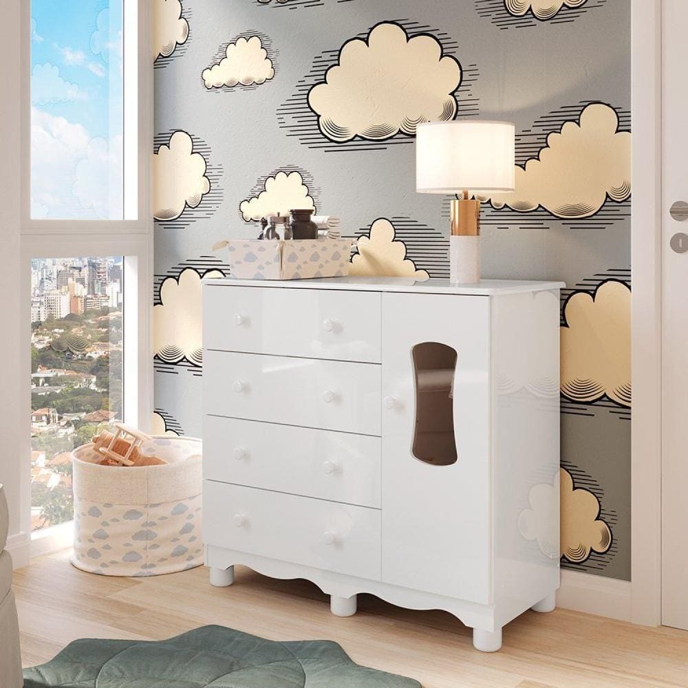 Cômoda de Bebê 1 Porta com Janela e 4 Gavetas 100% MDF Lana Espresso Móveis Branco Brilho