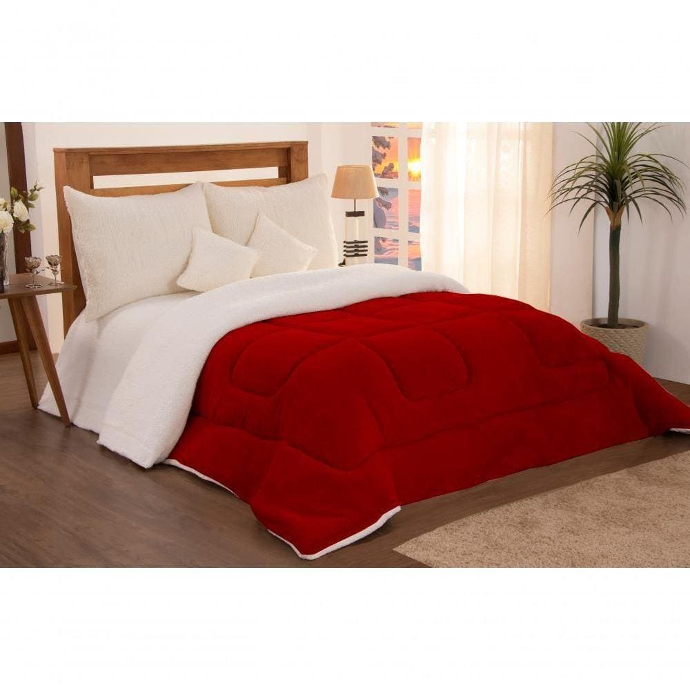 Edredom Coberdrom Queen Sherpa Pele De Carneiro C- Soft Vermelho [f101]