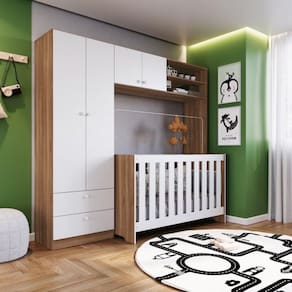 Quarto de Bebê com Guarda-Roupa e Berço 3 em 1 com Colchão Completa Móveis Nogal Manchester/Branco