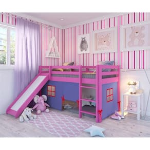 Cama Alta Kids com Escorregador e Tenda em Madeira Maciça/MDF Rosa/Azul