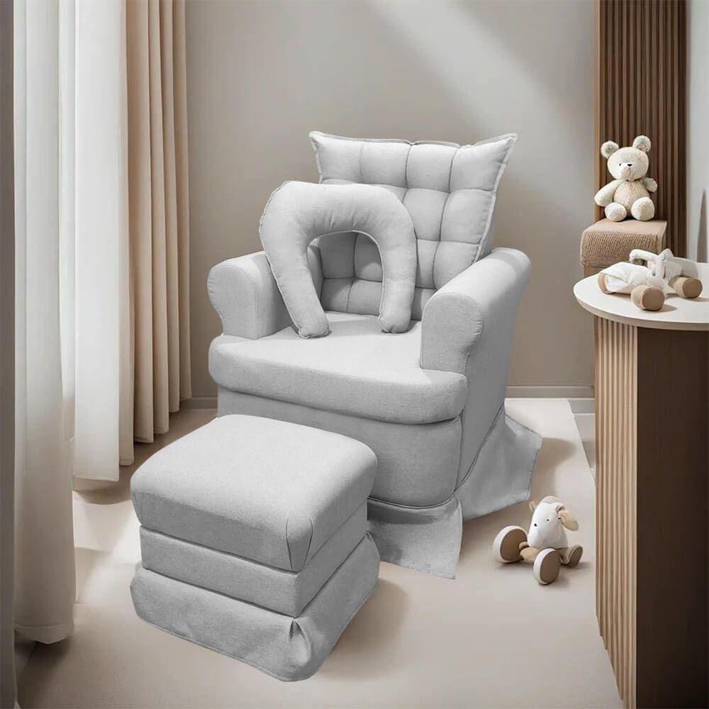 Poltrona de Amamentação com Balanço + Puff Linho Luxo Cinza SOFA STORE
