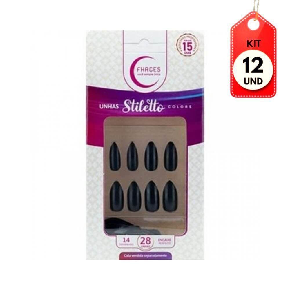 Kit C/12 Fhaces Stiletto Black Unhas Postiças C/28