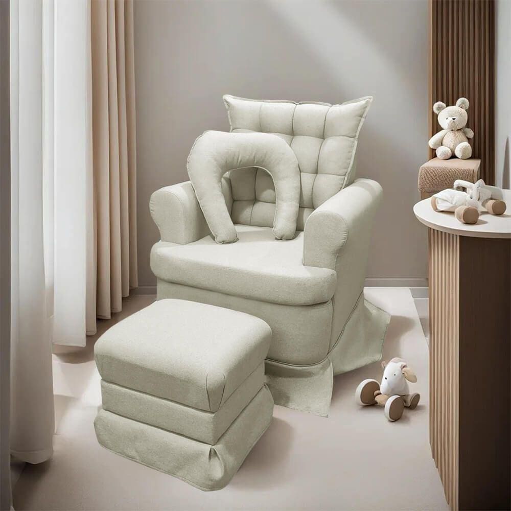 Poltrona da Mamãe Linha Alta com Balanço e Puff Linho Bouclê Bege SOFA STORE