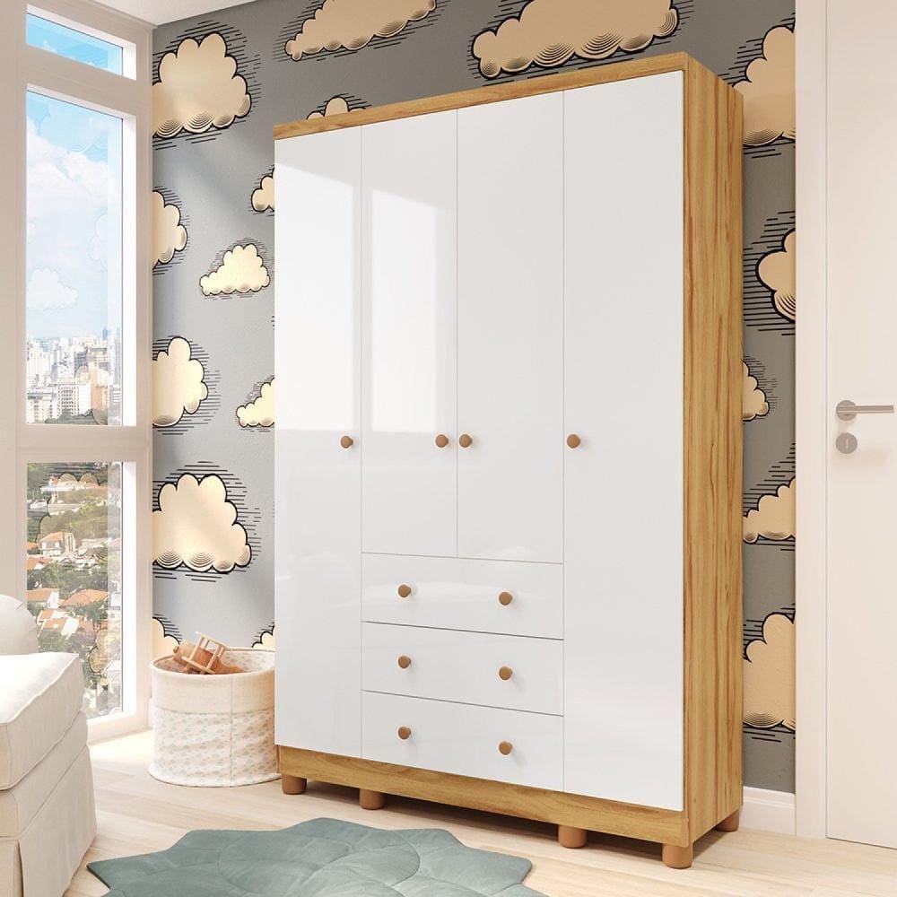 Guarda-Roupa de Bebê 4 Portas e 3 Gavetas 100% MDF Mimo Branco Brilho/Amêndoa