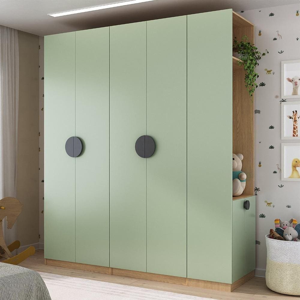 Conjunto Modulado Infantil 3 Peças 6 Portas, Cabideiros, Nichos, 2 Gavetas e Sapateira Joy Kids CabeCasa MadeiraMadeira Verde/Avena