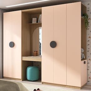 Conjunto Modulado Infantil 4 Peças 6 Portas Cabideiro, Penteadeira com Espelho, Nichos, Gavetas e Sapateira Joy Kids CabeCasa MadeiraMadeira