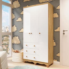 Guarda-Roupa de Bebê 3 Portas e 3 Gavetas 100% MDF Mimo Espresso Móveis Branco Brilho/Amêndoa
