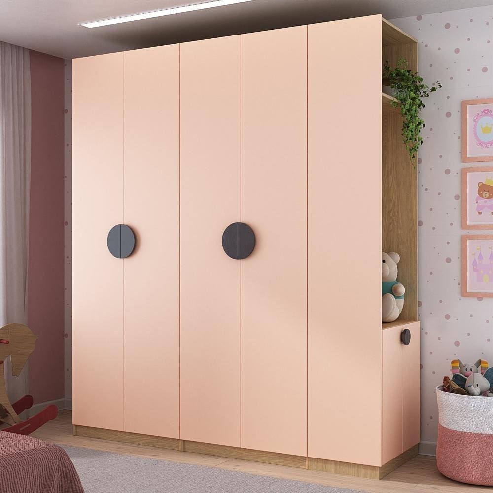 Conjunto Modulado Infantil 3 Peças 6 Portas, Cabideiros, Nichos, 2 Gavetas e Sapateira Joy Kids CabeCasa MadeiraMadeira Salmão/Avena