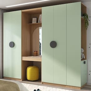 Conjunto Modulado Infantil 4 Peças 6 Portas Cabideiro, Penteadeira com Espelho, Nichos, Gavetas e Sapateira Joy Kids CabeCasa MadeiraMadeira
