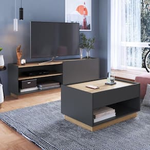 Sala de Estar Completa Rack Asti para TV até 60 Polegadas com Mesa de Centro Bari Completa Móveis Grafite/Oak