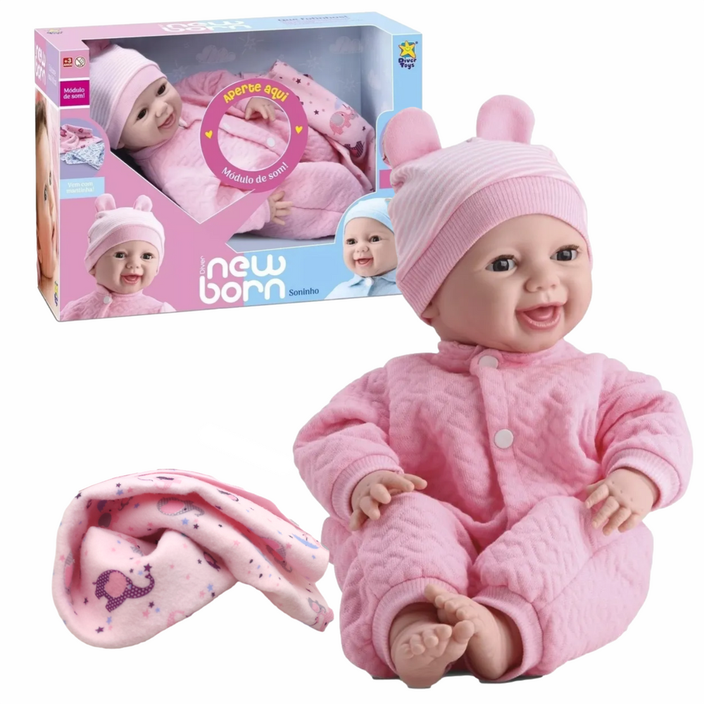 Boneca Diver New Born Soninho Com Som BeBê Brinquedo Abre Fecha os Olhos Rosa Divertoys