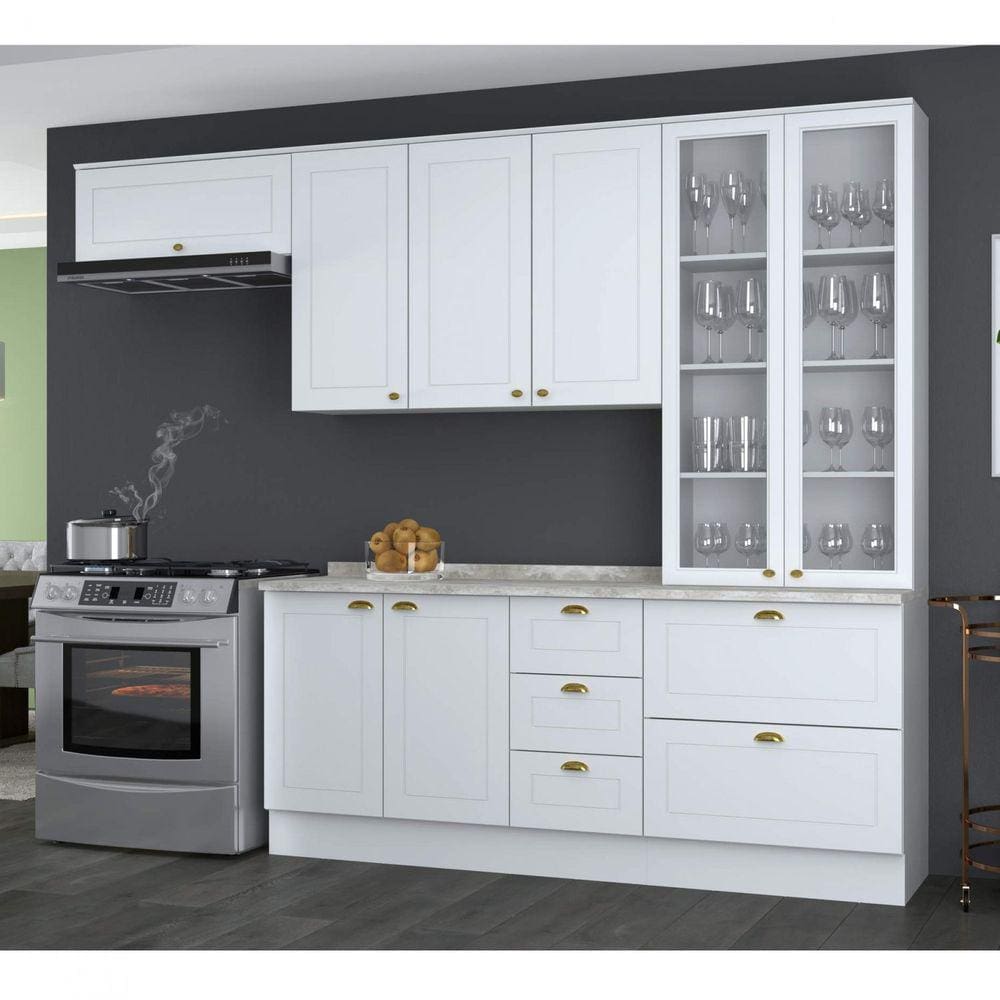 Cozinha Compacta 5 Peças 2 Portas de Vidro Emily Espresso Móveis Branco