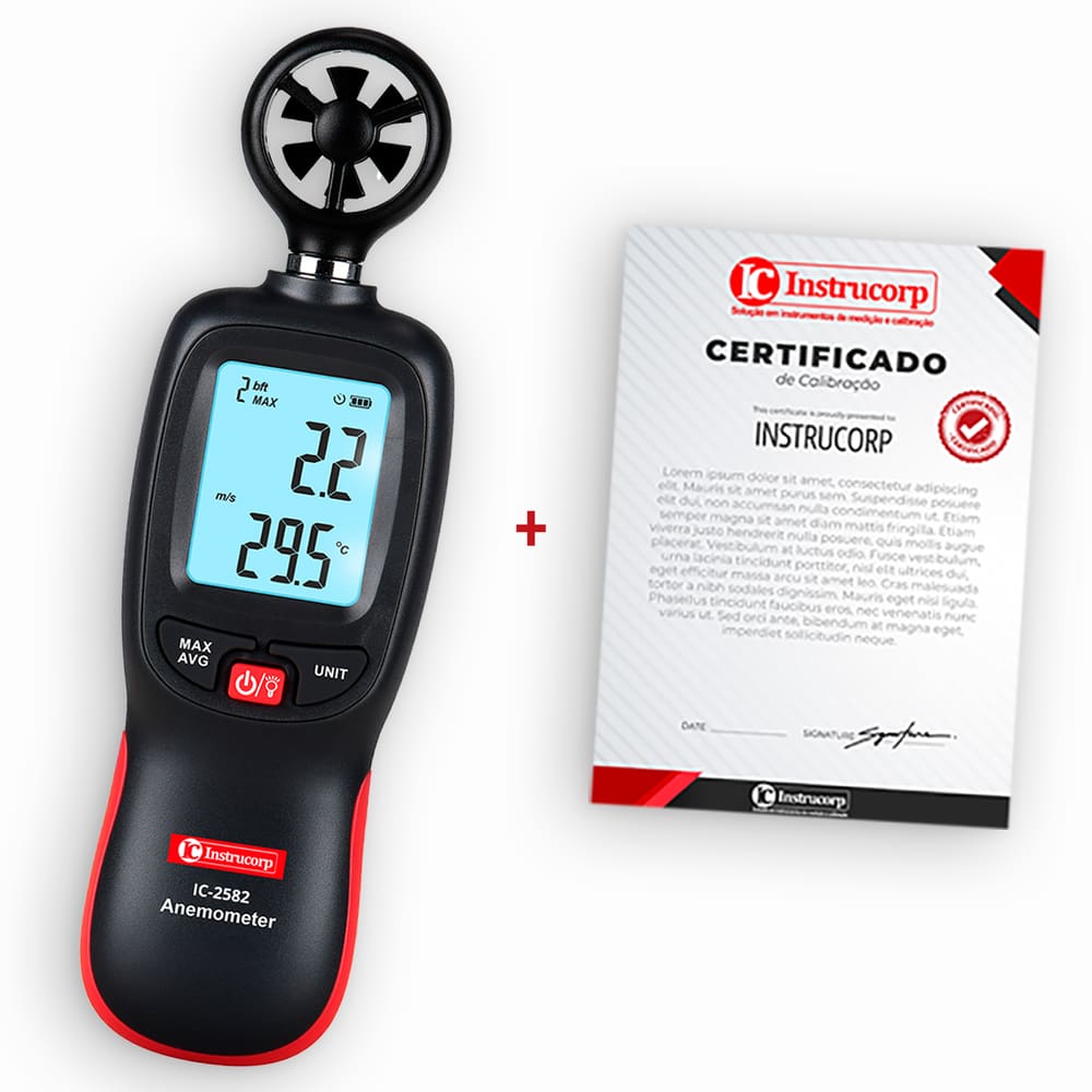 Anemômetro Digital Portátil com Certificado de Calibração Medição de Velocidade Vento e Temperatura - Instrucorp IC-2582