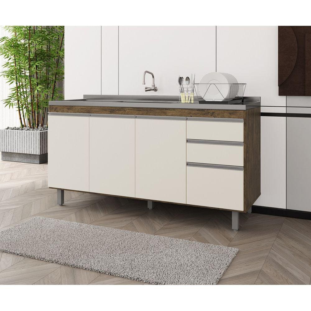 Balcão Armário de Cozinha Premium 160cm Chocolate/Off Wite S/ Tampo - Nathan