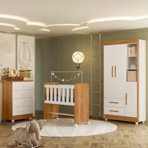 Quarto de Bebê Completo com Cômoda, Mini Berço e Guarda Roupas Lila Amadeirado/Branco