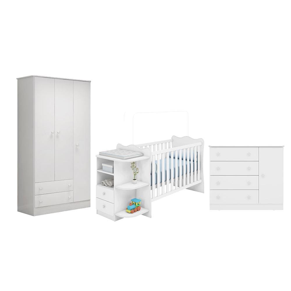 Quarto infantil Doce Sonho Guarda Roupa Berço e Cômoda Sapateira Branco - Qmovi